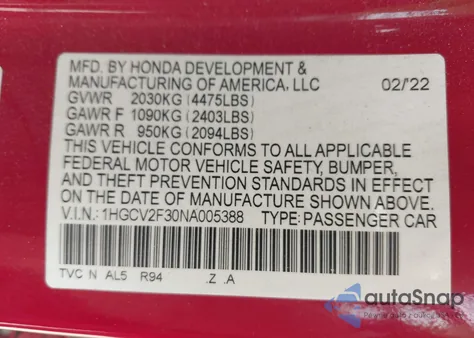 2022 Honda Accord Sport 2.0T from USA, damaged, VIN 1HGCV2F30NA005388